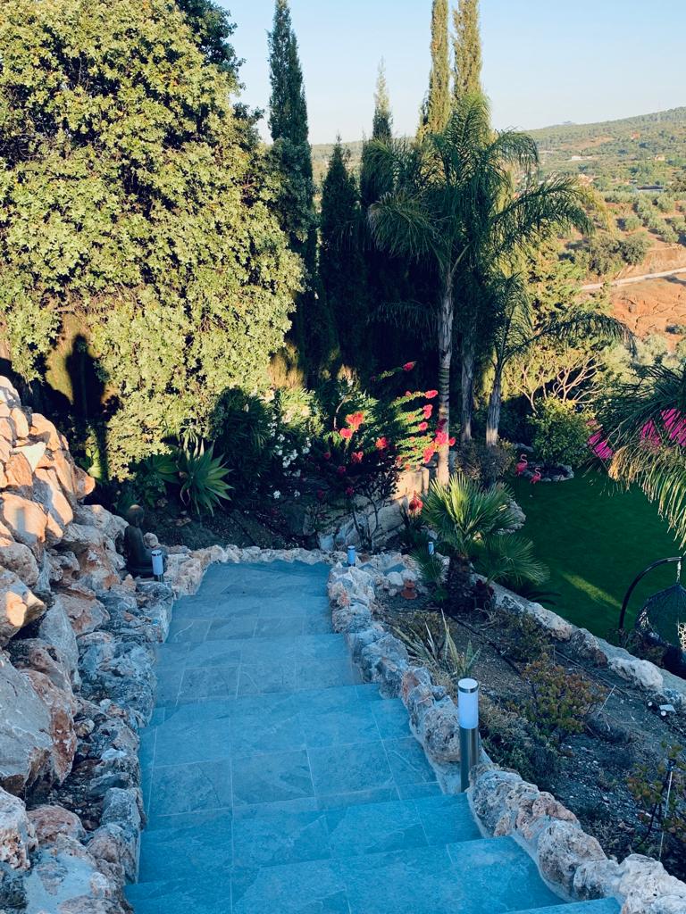 Garden pathways through mature Mediterranean vegetation at luxury estate